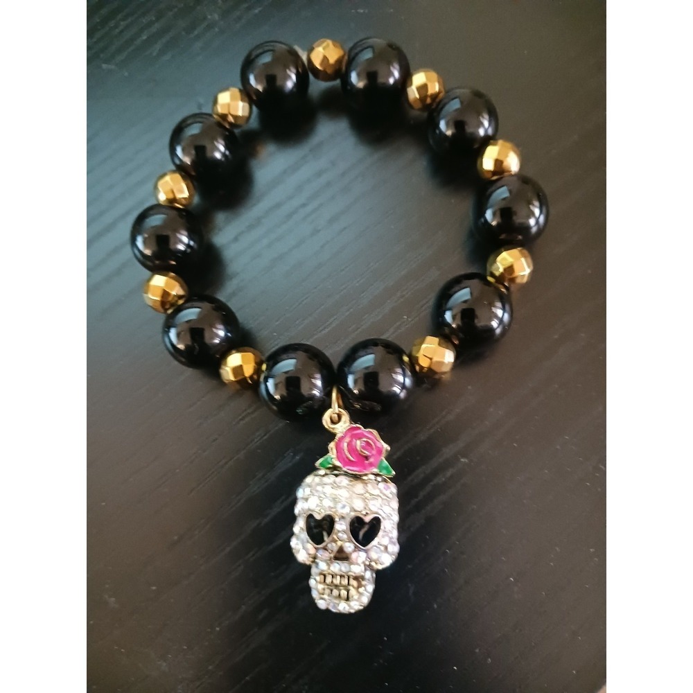 Sugar Skull Black Glass Beads Bracelet